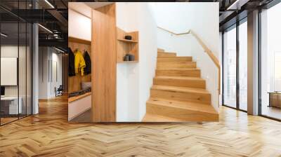 Wooden stairway in modern house Wall mural