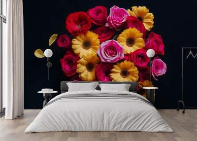 Bouquet of roses and gerberas on a black background Wall mural