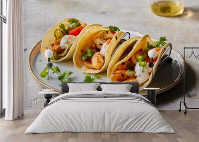 Capture the essence of Tacos De Camaron in a mouthwatering food photography shot Wall mural