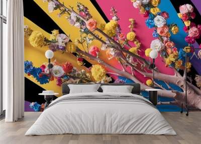 Composition with beautiful blooming branches on color background Wall mural