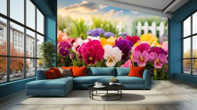 Flowers in pots in the garden spring Wall mural