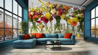 Picturesque bouquets of colorful spring flowers in glass vases bottles standing in a row on a light wooden background table Wall mural