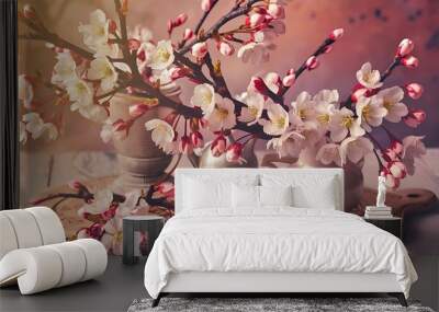 The branches of white cherry blossoms in vases on an old vintage wooden board background Wall mural