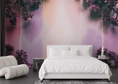 Top view image of violet dry flowers over pastel background flat lay Wall mural