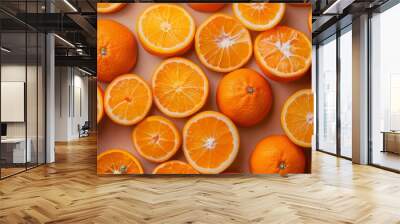 A background filled with whole tangerines and tangerine slices arranged neatly, showcasing their bright orange hues. Wall mural