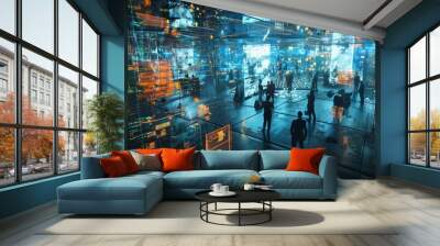 A bustling metaverse marketplace where data is traded as a valuable commodity, with traders negotiating deals in a dynamic virtual environment. Wall mural