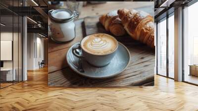 A cappuccino on a rustic wooden table with a beautiful latte art design, accompanied by a croissant and sugar jar Wall mural