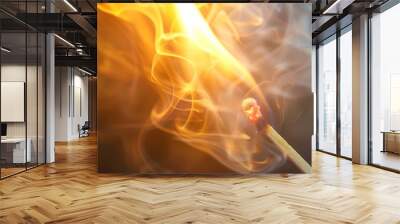 A close-up shot of a burning match, with the sulfur igniting and smoke curling upwards. Wall mural