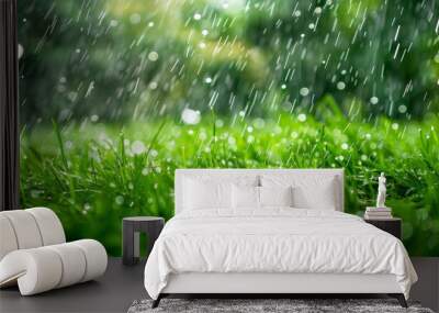 A close-up shot of raindrops falling on freshly cut grass, capturing the vibrant green hues and sparkling water droplets Wall mural