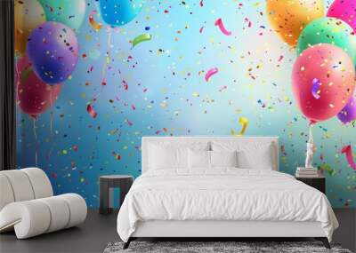 A colorful background with confetti, balloons, rainbows, and rainbows for a birthday party Wall mural