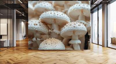 A detailed shot of a field of mushrooms with varied textures and colors, including white button and portobello mushrooms, against a soft, neutral background. Wall mural