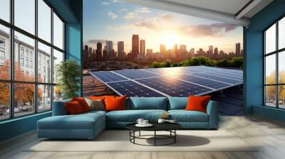 A photo of a solar panel array on a rooftop, with the city skyline in the background. Wall mural