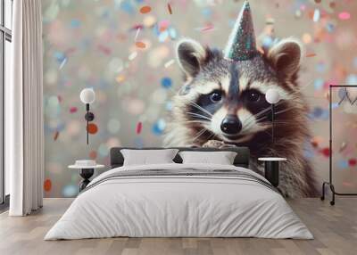 A raccoon wearing a tiny, whimsical hat and holding a small toy in its paws, surrounded by a backdrop of cheerful, multicolored confetti. Wall mural