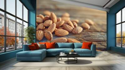 A scattered pile of fresh almonds on a wooden table Wall mural