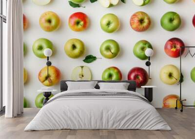 A seamless pattern of various apple varieties, including green, red, and yellow, arranged artistically on a white surface for a clean and modern look. Wall mural