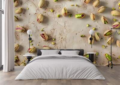 A top-down view of pistachio nuts scattered across a light-colored surface, highlighting their natural colors and textures. Wall mural