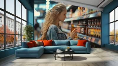 A young shopper chooses an alcoholic beverage at a local liquor store and reads the label on the bottle. Wall mural