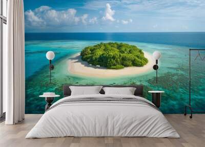 Aerial view of a tropical island with white sandy beaches and vibrant coral reefs Wall mural