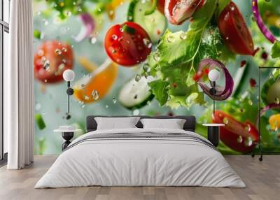 Assorted vibrant vegetables from a salad suspended in the air Wall mural