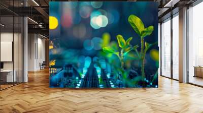 Bioluminescent plants sprouting from computer hardware, blurred tech setting Wall mural