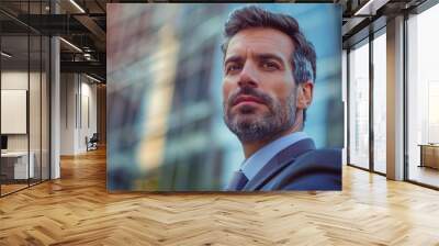 Businessman with a contemplative expression in an urban setting Wall mural