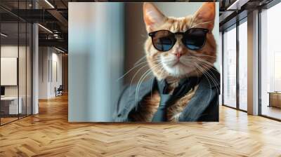 Cat in a business suit and sunglasses, looking stylish, uncluttered white backdrop, crisp lighting Wall mural