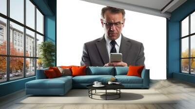 Concerned businessman checking email on smartphone Isolated on white background Wall mural