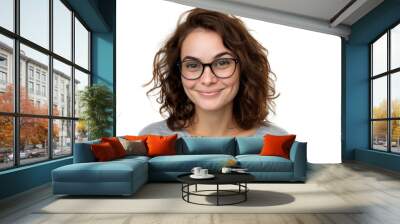 Confident woman with joyful expression, wearing glasses, isolated on white background Wall mural