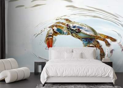 Crab submerged in clear water with ripples and sunlight reflections, on solid white background, single object Wall mural