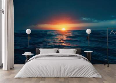 dark blue ocean surface seen from underwater, a sunset casting its warm glow over the water, creating a mesmerizing spectacle of colors. Wall mural