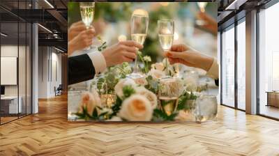 Elegant wedding reception with guests toasting with champagne flutes around a beautifully decorated table Wall mural