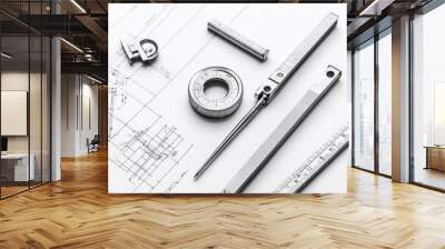 Engineering blueprint with precision tools including calipers and rulers neatly arranged on a white background Wall mural