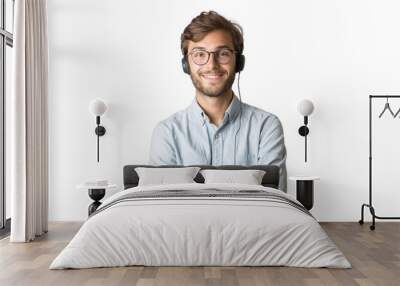 Enthusiastic young male customer service worker with crossed arms and headset, isolated on white background Wall mural