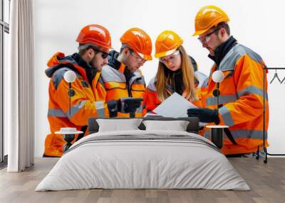 Group of colleagues in protective workwear discussing in factory Isolated on white background Wall mural