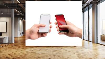 Hands from two smartphones online financial transactions Mobile payment using smartphone isolated on transparent background,png file Wall mural