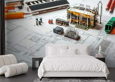 High-angle view of circuit boards and electronic components placed on engineering sketches on a white background Wall mural