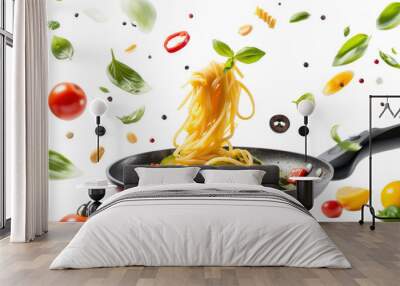 Italian pasta with vegetables floating on a hot pan. Isolated on a transparent white background. Wall mural