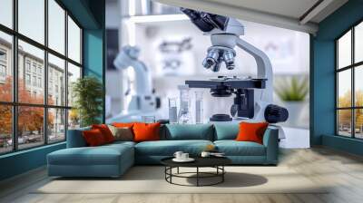 Laboratory bench with microscopes and glassware neatly arranged Wall mural