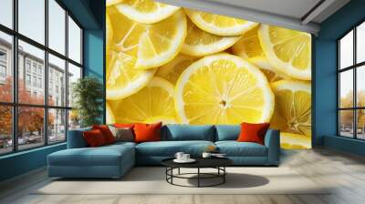 Lemon background featuring a pattern of lemon wedges and slices with varying textures, creating a visually appealing and fresh design Wall mural