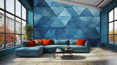 modern abstract blue background with diamonds and squares in a random geometric pattern, showcasing a textured surface and a weathered aesthetic. Wall mural