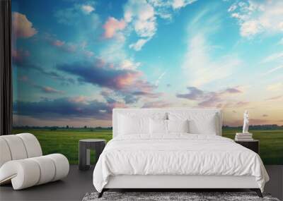 Morning red sky, colorful clouds on a green meadow background. Wall mural