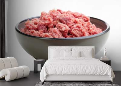 Natural dog food, raw minced meat in a gray bowl, isolated on transparent background. Wall mural