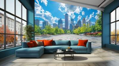 Open public square with city skyline in the distance under a bright blue sky Wall mural