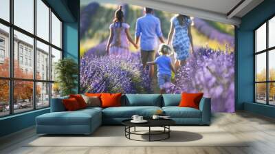 Parents and children walking through a lavender field Wall mural