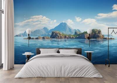 Rocky island mountain surrounded by clear blue sea and a serene sky Wall mural