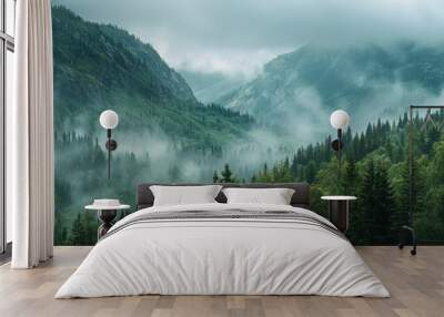 Scenic mountain range covered in dense forests with overcast sky Wall mural