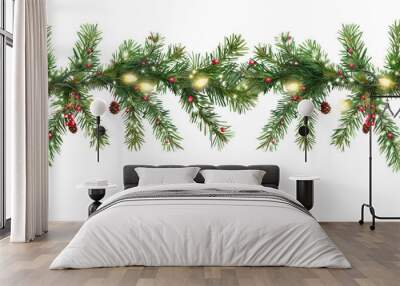 Seamless decorative Christmas border with coniferous branches and garlands of Christmas lights Isolated on white background Wall mural