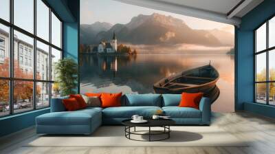 Sunrise lake in Austria, boat, mountains, church, landscape, nature Wall mural