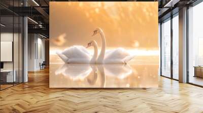 Swans on a peaceful, undisturbed lake, with the soft golden sunset light reflecting off the water's surface. Wall mural