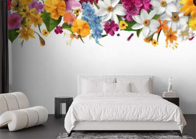 The floral background is decorated with beautiful colorful flowers and leaves. Isolated on transparent background, PNG file. Wall mural